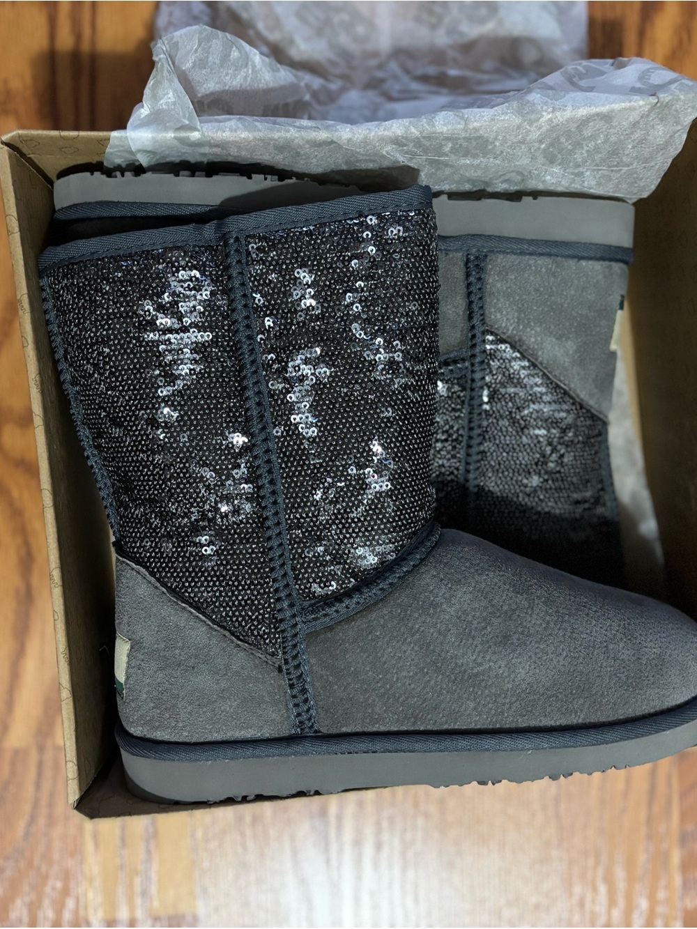 Lamo Gray Sequin Short Winter Booties